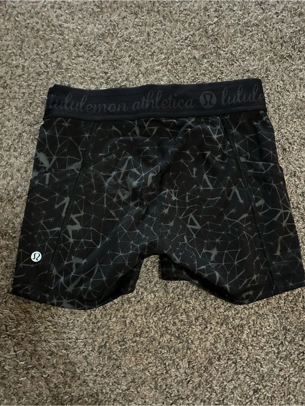 Lululemon What The Sport shorts in a black and grey geometric pattern 4”